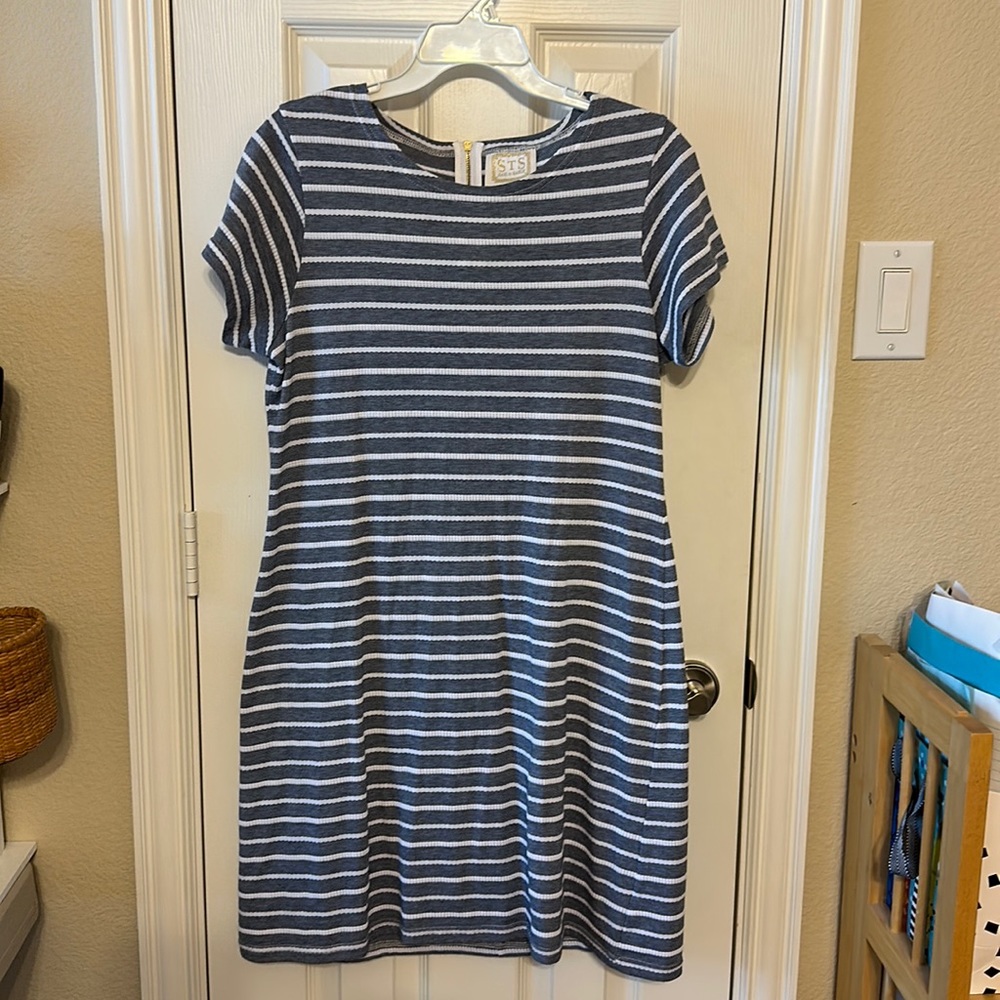 Blue & white striped shift dress